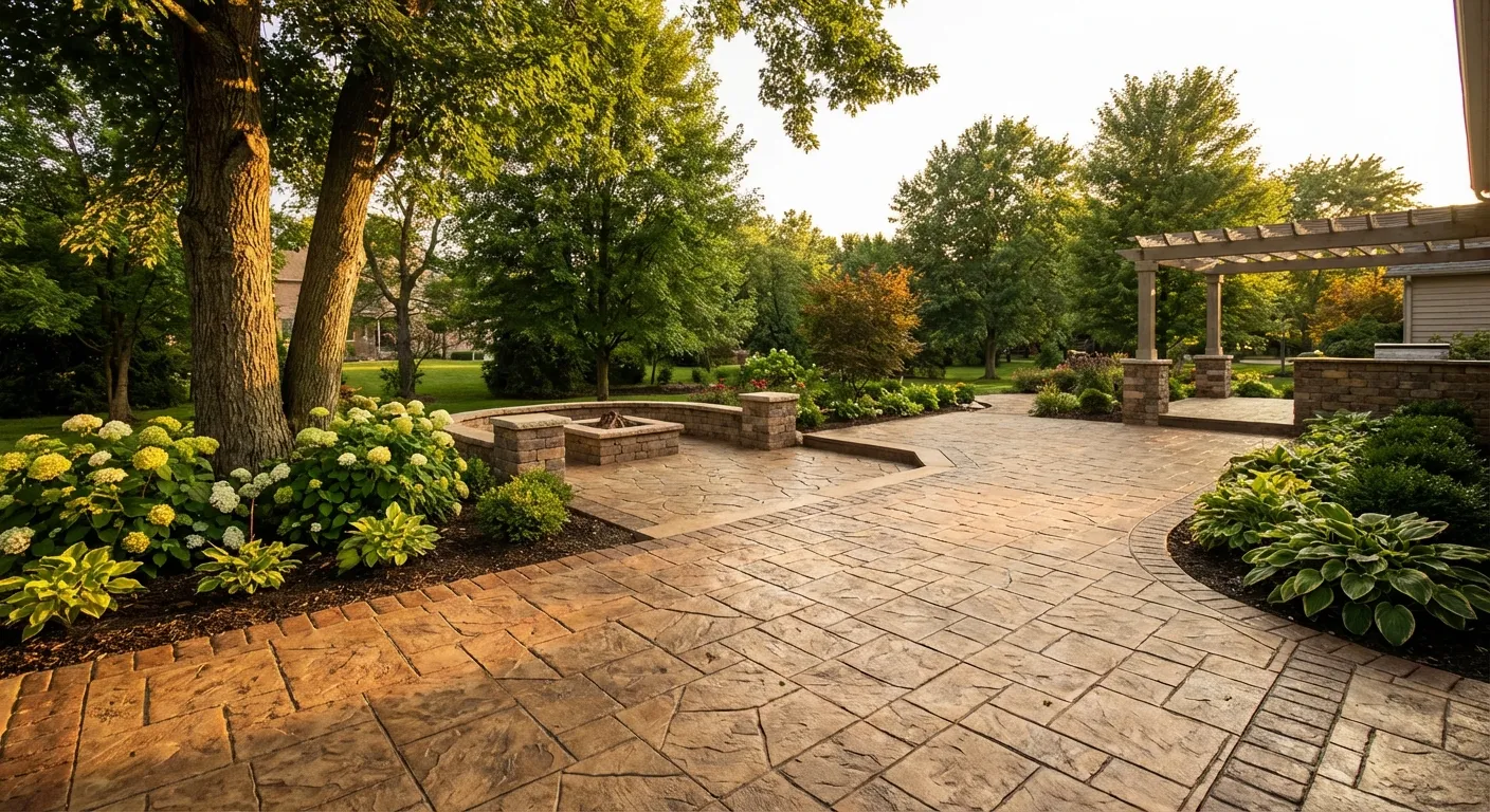 Decorative stamped concrete patio by Hoosier Concrete serving Winfield Indiana