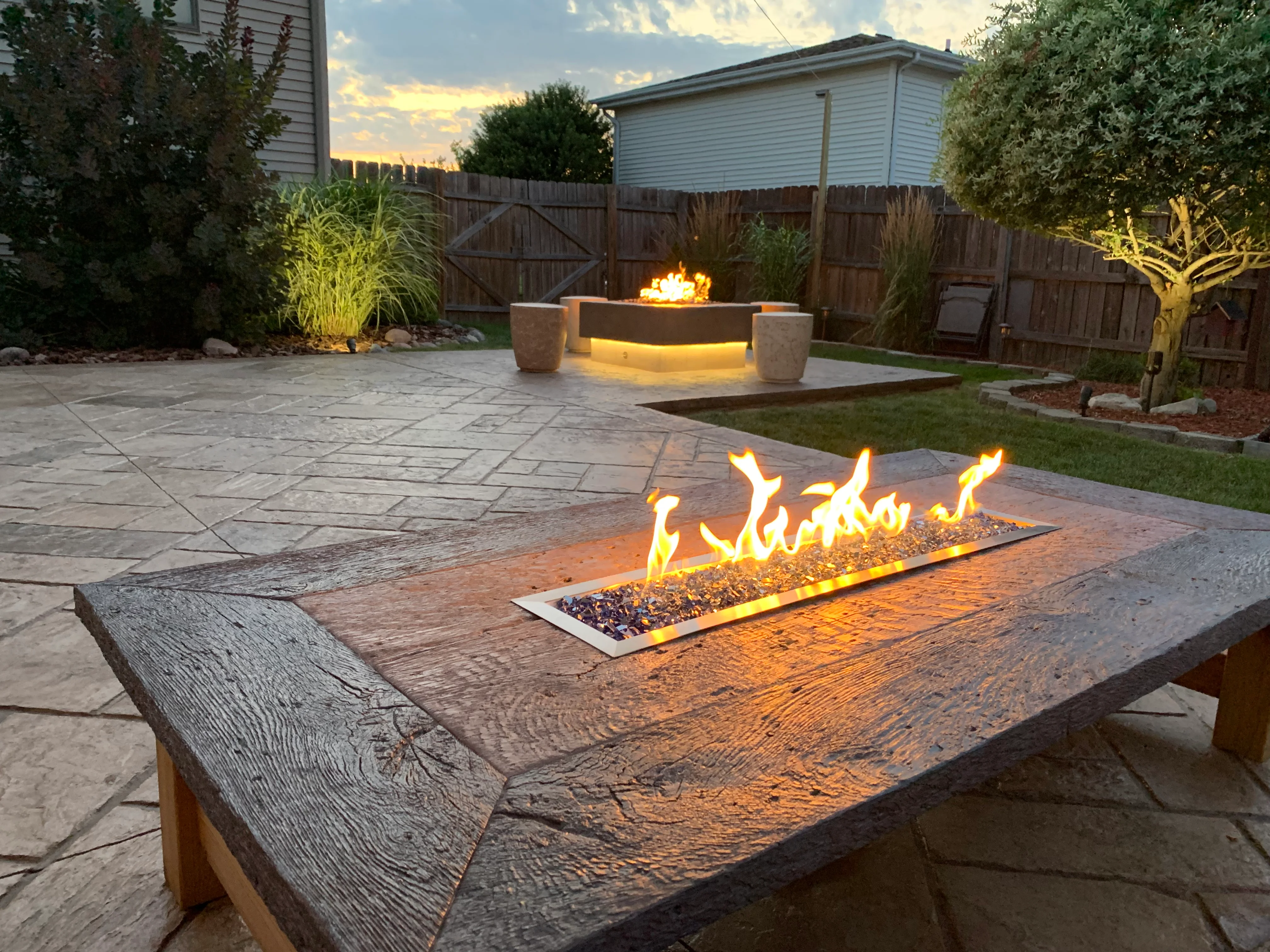 Custom stamped patio with fire pit in Valparaiso IN
