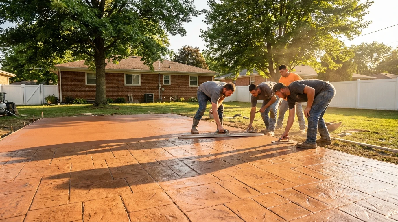 Hoosier Concrete crew finishing a stamped concrete patio at golden hour
