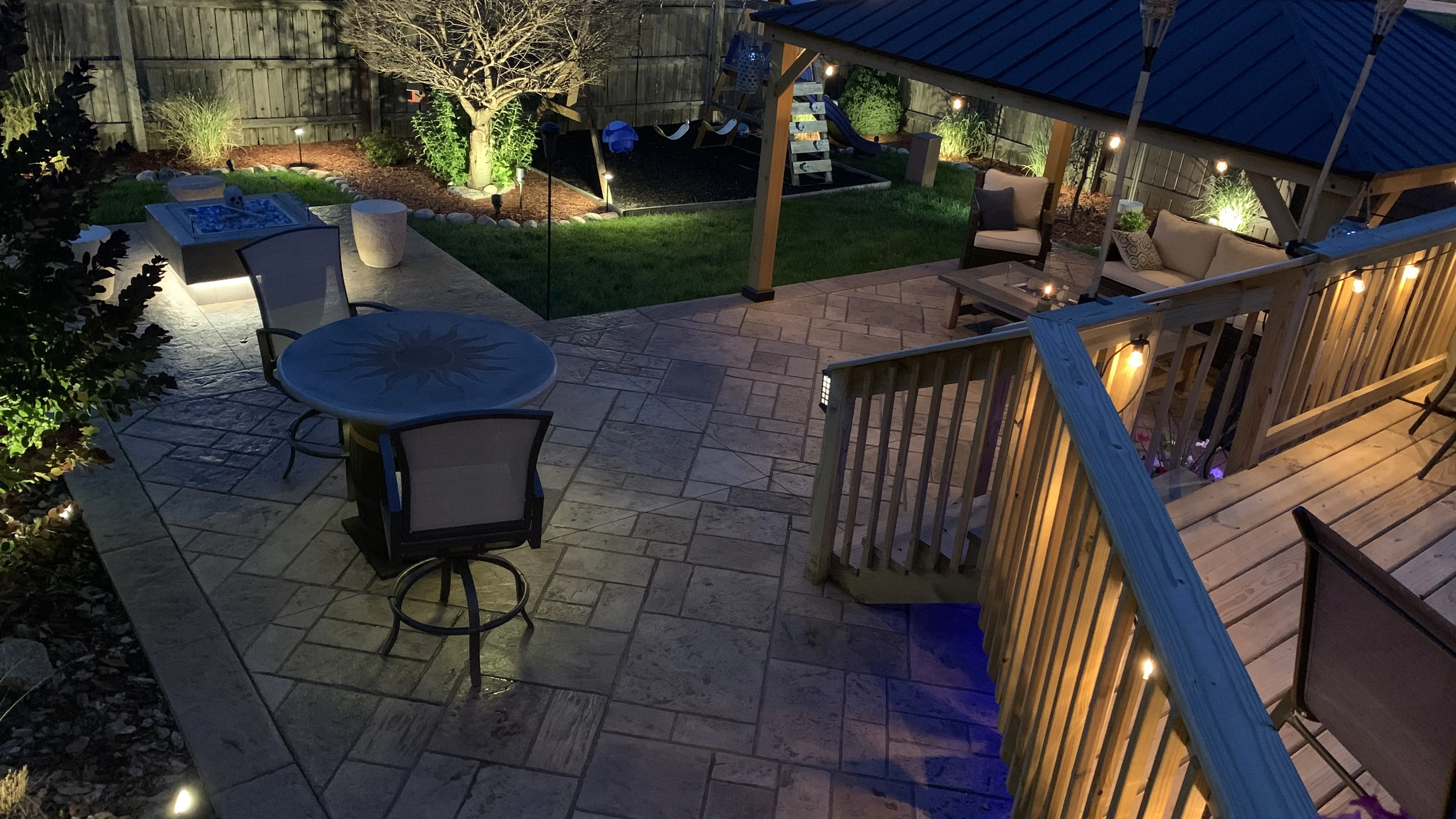 Hoosier Concrete Final Stamped concrete patio with ashlar slate pattern installed by Hoosier Concrete Construction in Northwest Indiana